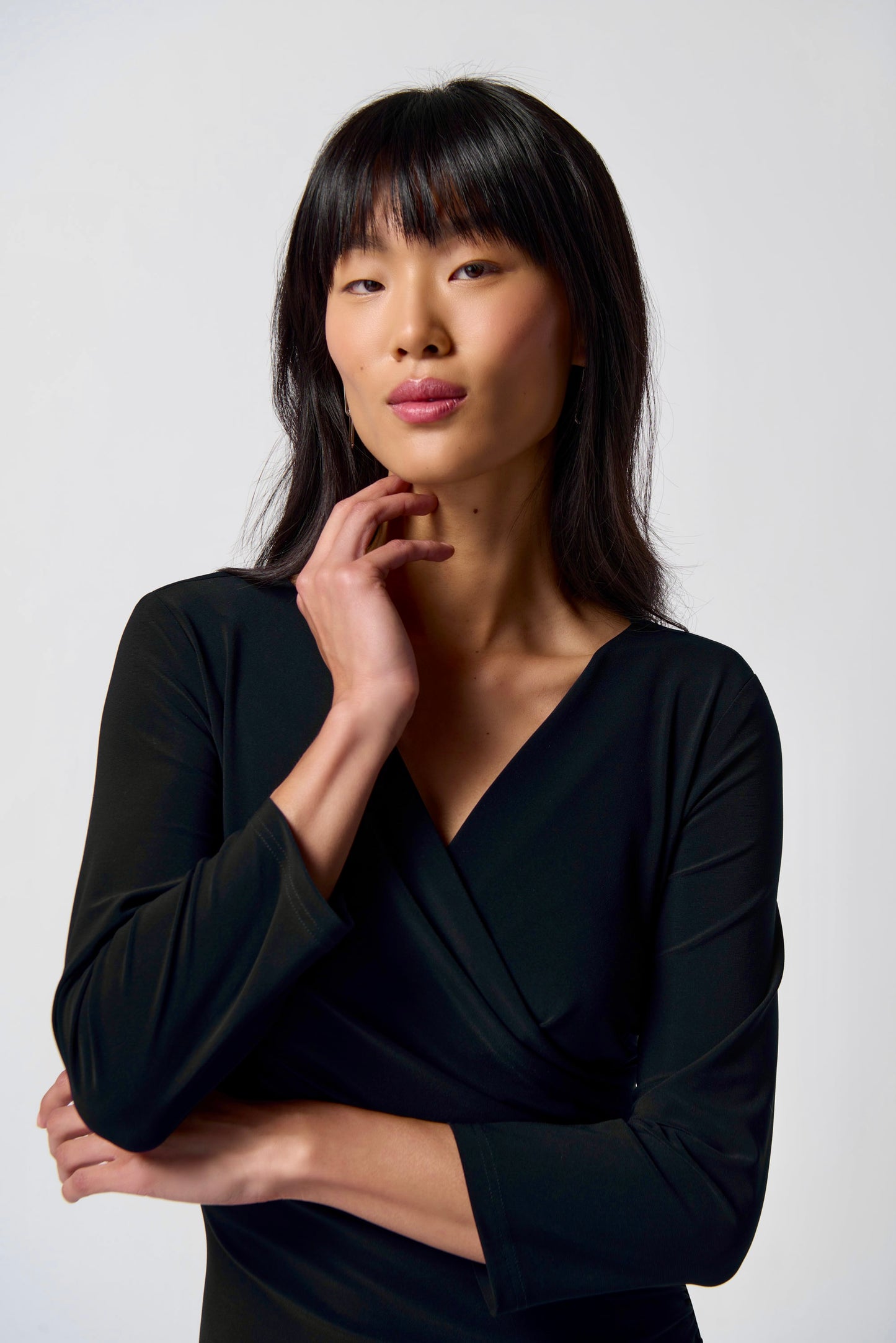 Three-Quarter Sleeve Wrap Dress - Black