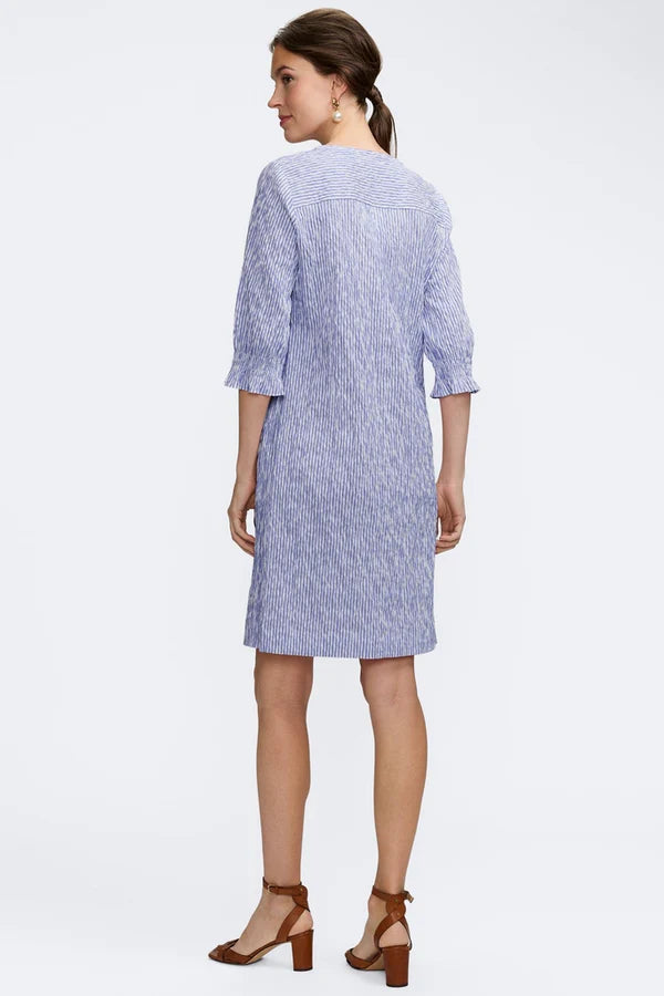 Alicia Crinkle Jacquard 3/4 Sleeve Dress-Blue/White