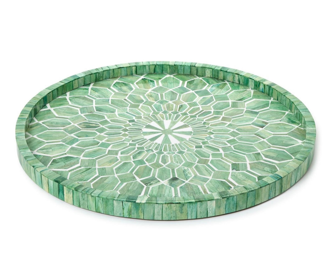 Emerald Cut Hand Inlaid Decorative Round Serving Tray - MDF/Bone/Resin