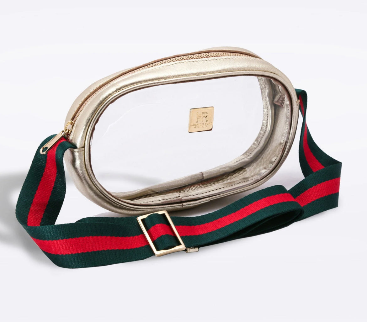 Gold Vinyl Annie Bag w Green/Red Striped Strap