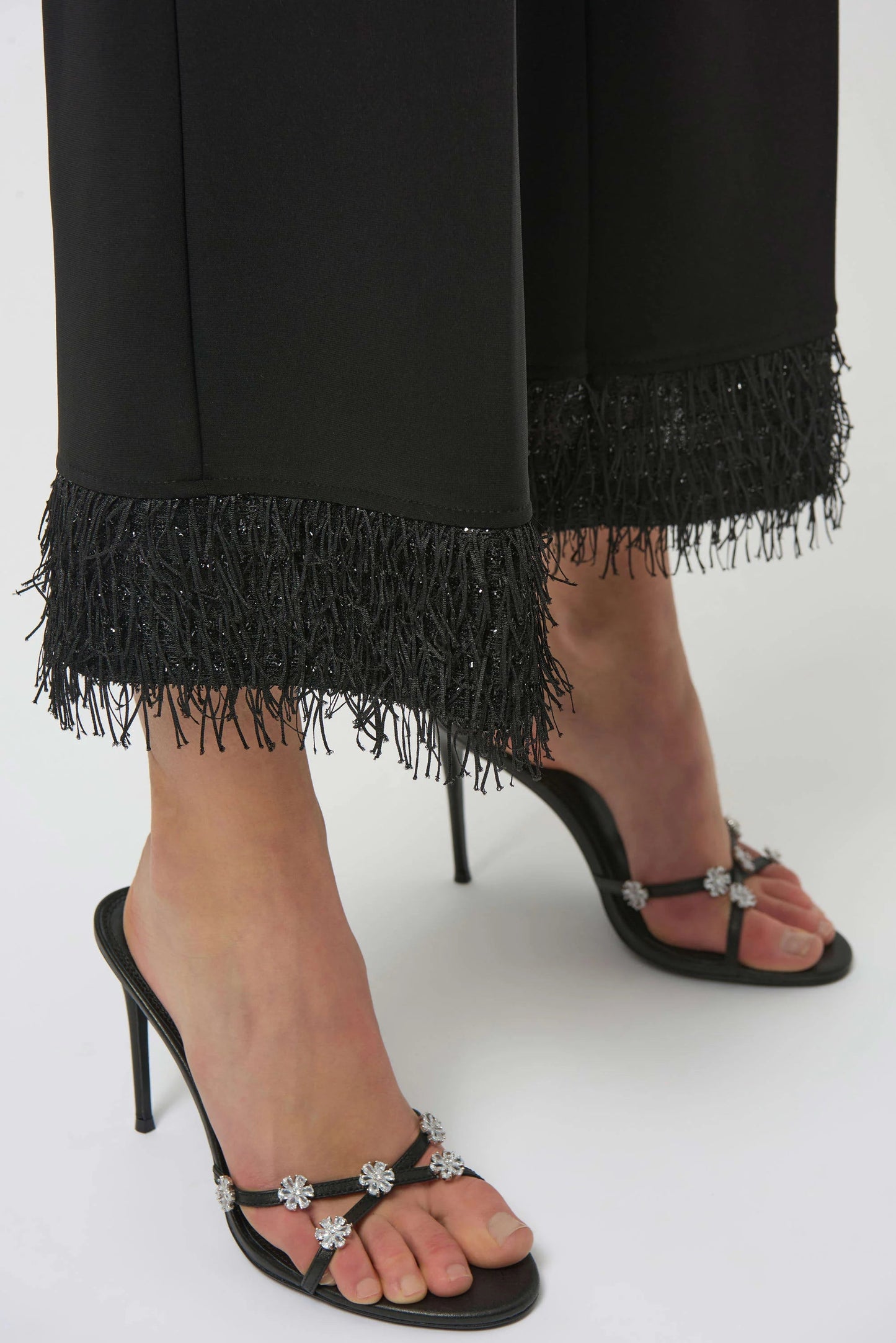 Silky Knit Culotte with Fringe Hem-Black