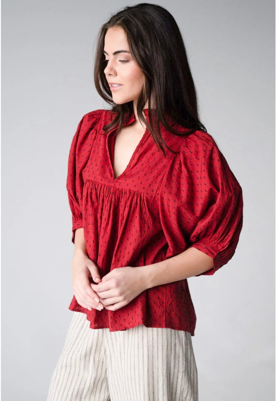 High Neck Top - Burgundy Swiss Dot