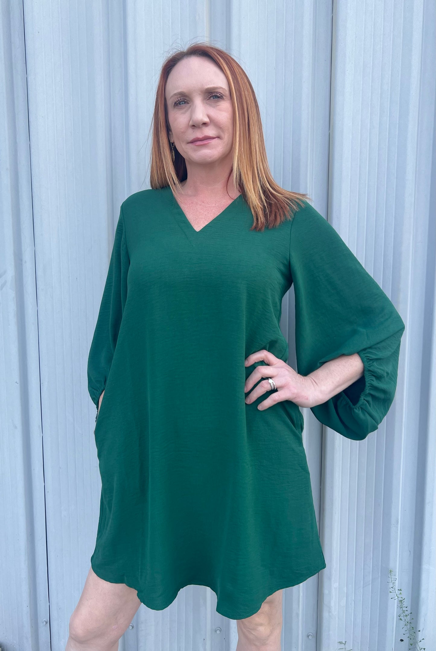 Deep V Neck Dress-Hunter Green