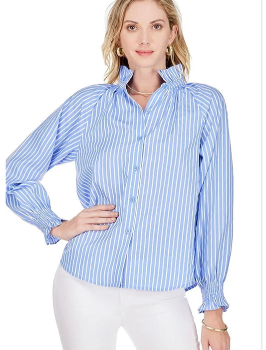 Ruffled Stand Collar Blouse - Blue Stripe