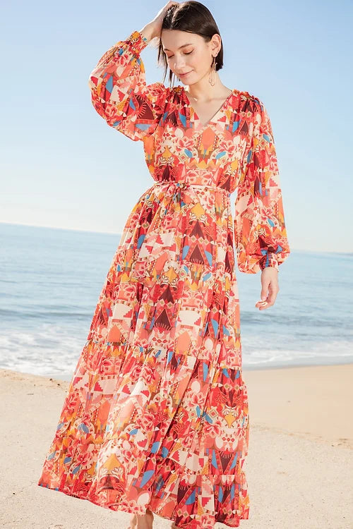 Ruffle Maxi Dress - Aztec Floral