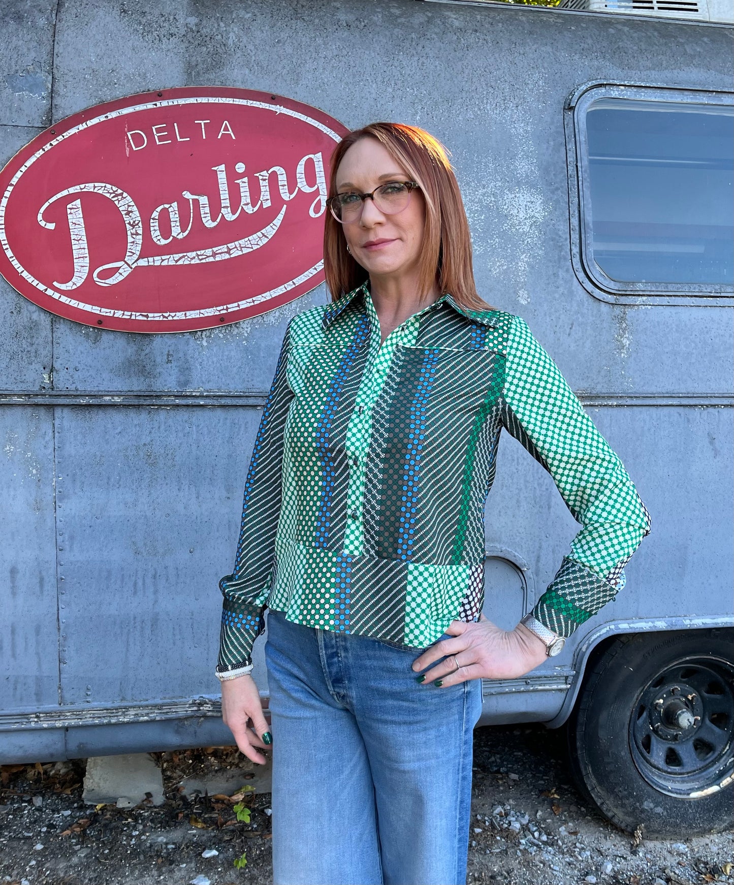 Stripe Print Button Down Top-Green Multi