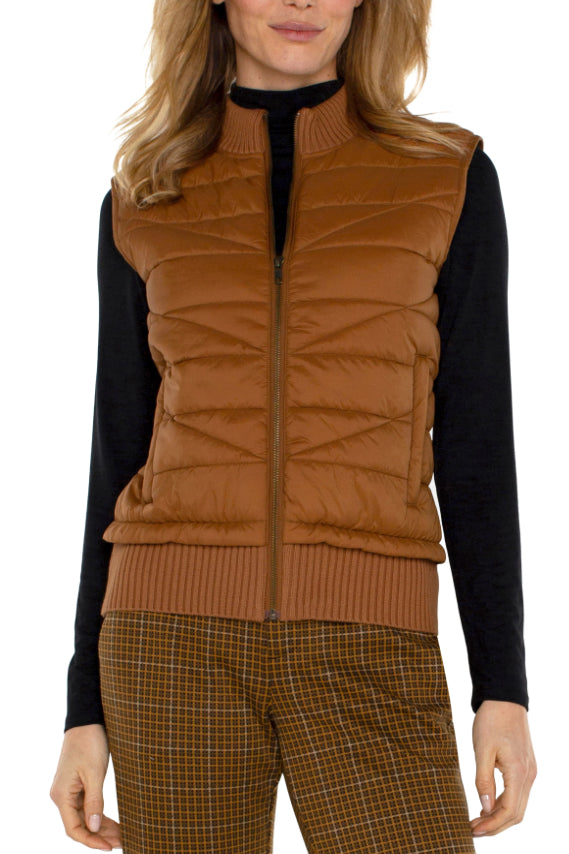 Sleeveless Quilted Full Zip Sweater Vest-Tumeric