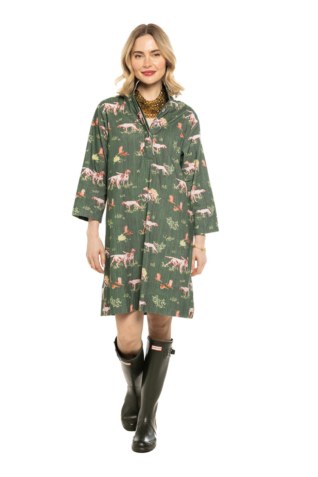 Arden Dress-‘Dogs on the Hunt’ Cord Dress-Green