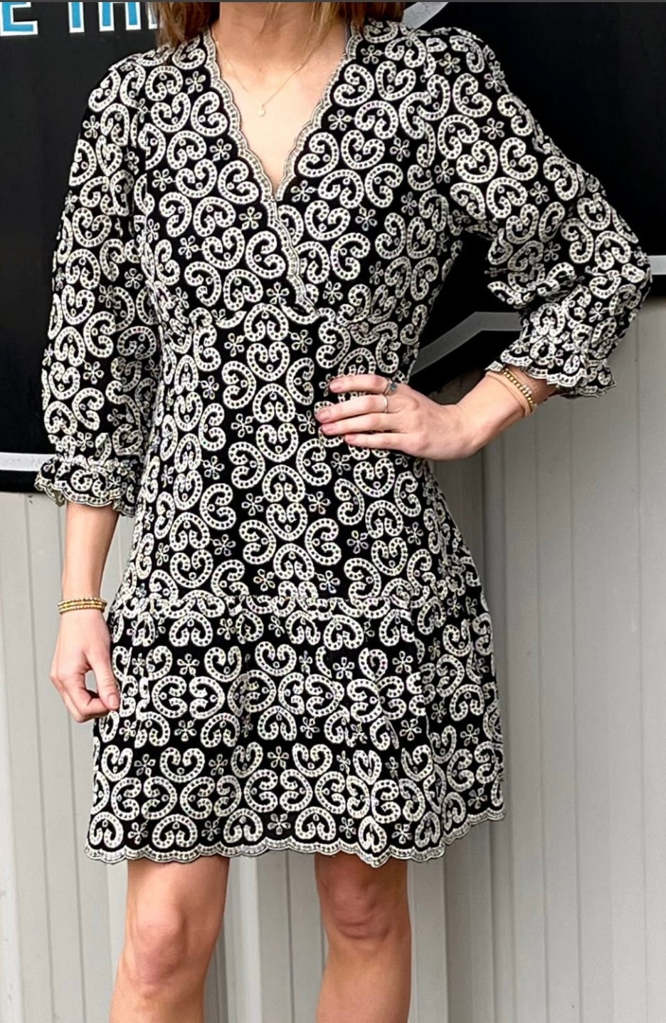Wrap Hem Dress - Black Embroidered