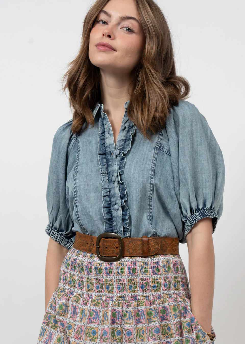 Puff Ruffle Sleeve Top - Indigo