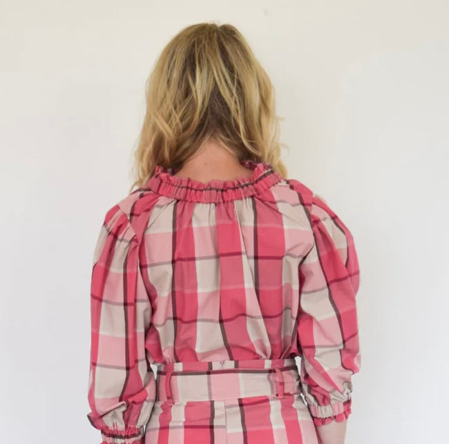 Elastic Collar Top - Pink Plaid