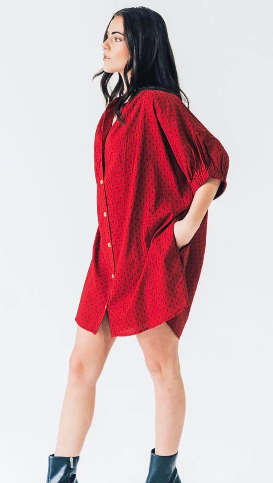 Elastic Sleeve Dress - Burgundy Swiss Dot