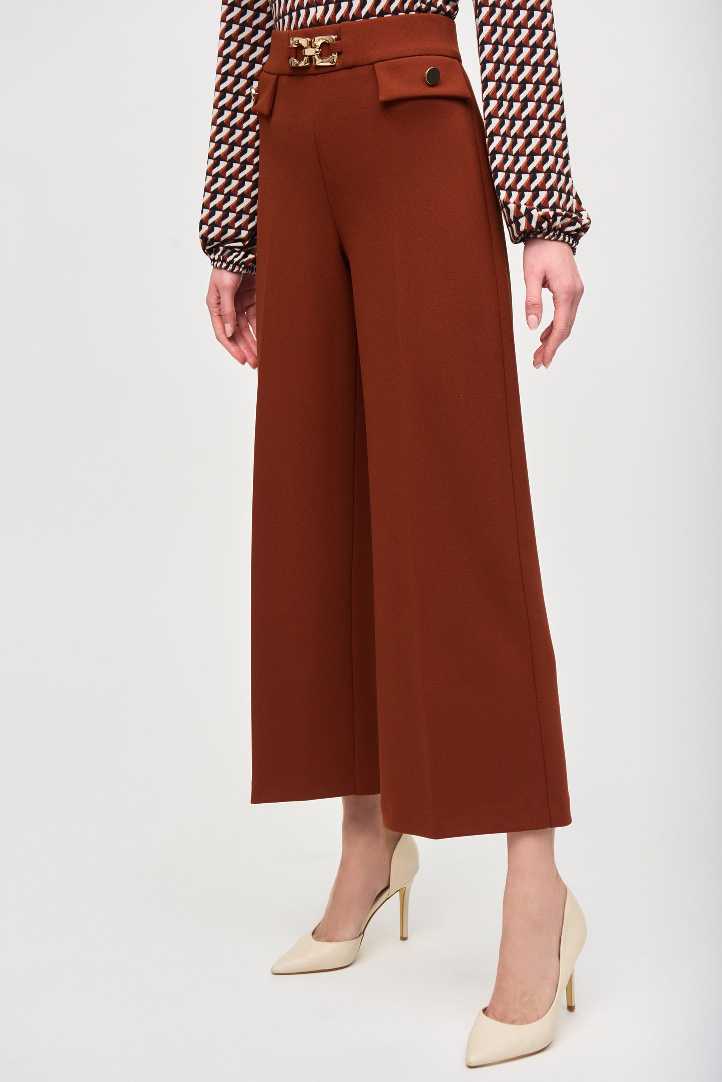 Scuba Crepe Wide-Leg Pull-On Cropped Pants - Cinnamon