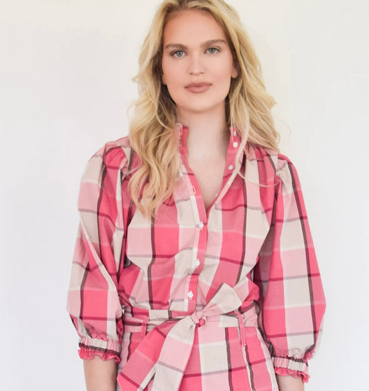 Elastic Collar Top - Pink Plaid