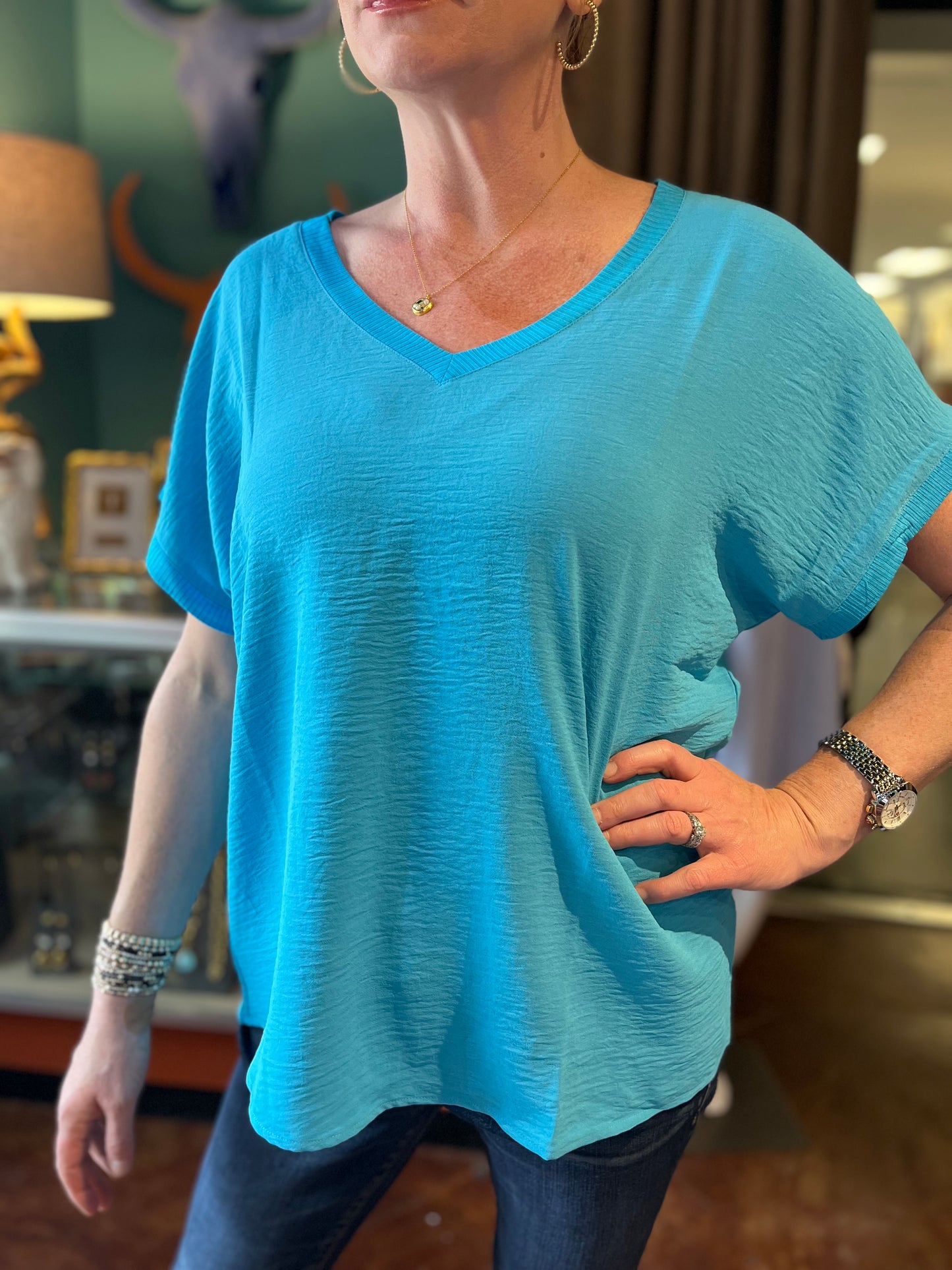 V Neck Rib Trim Top