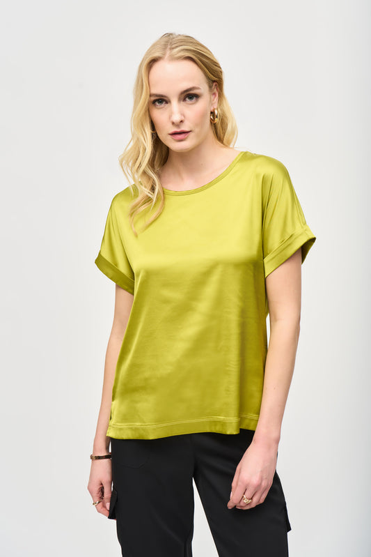 Satin Front Short Sleeve Top - Wasabi