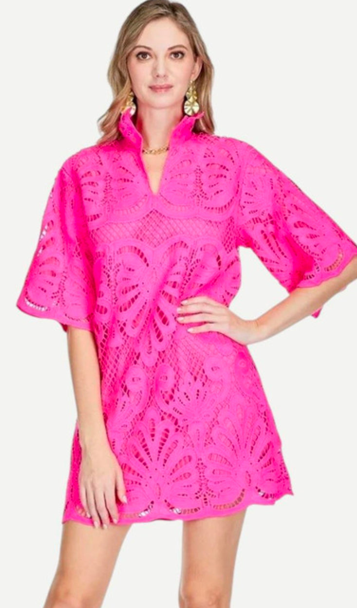 High Neck Tunic Dress-Pink Lace High Neck Tunic Dress-Pink Lace