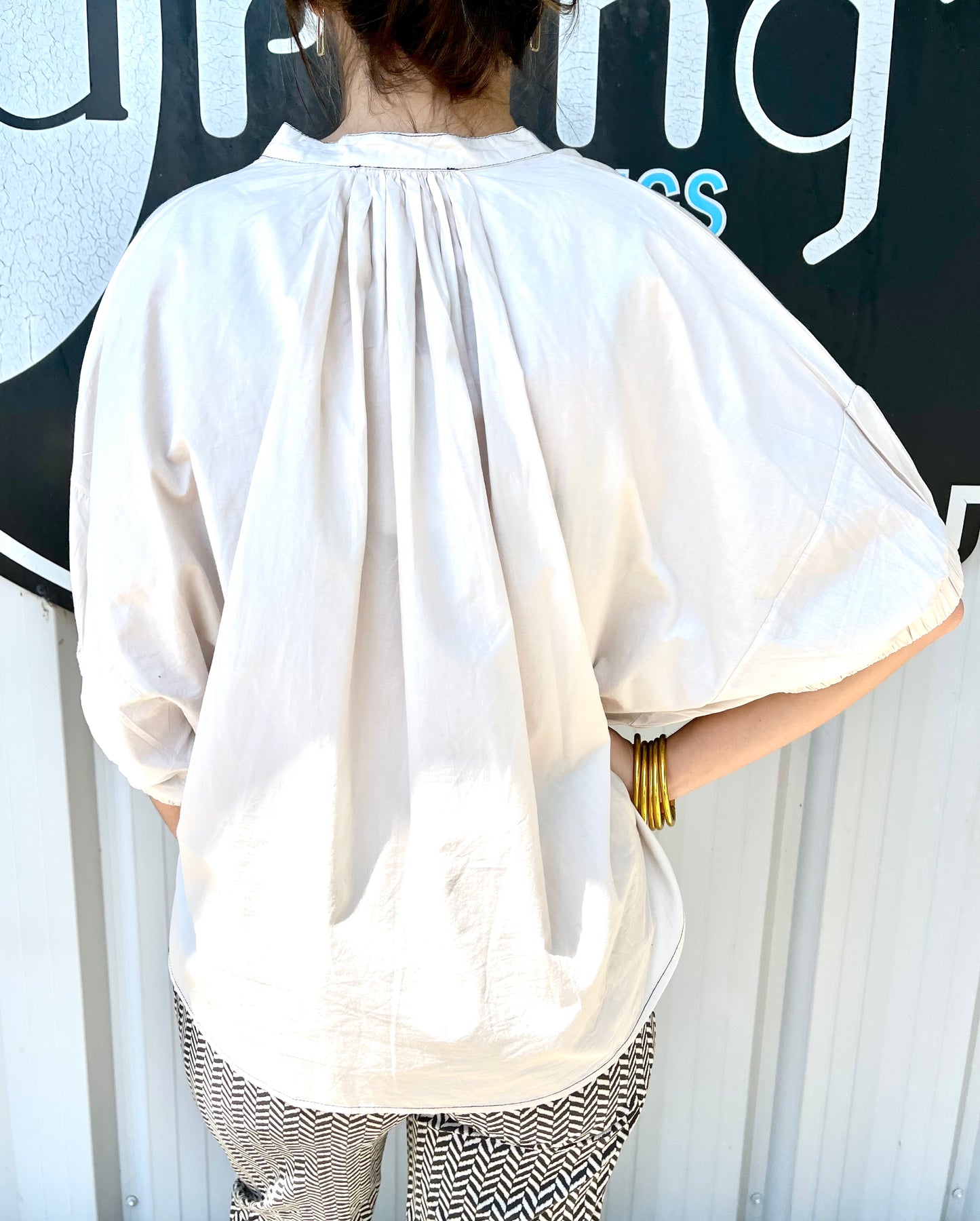 Elastic Sleeve Top - Cream W/ Black Thread