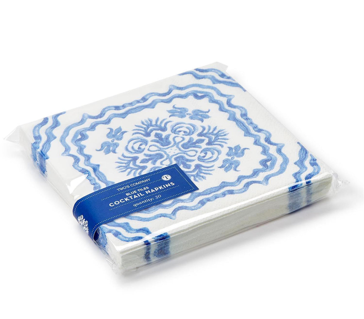 Blue Tile Block Print 3-ply Paper Cocktail Napkins
