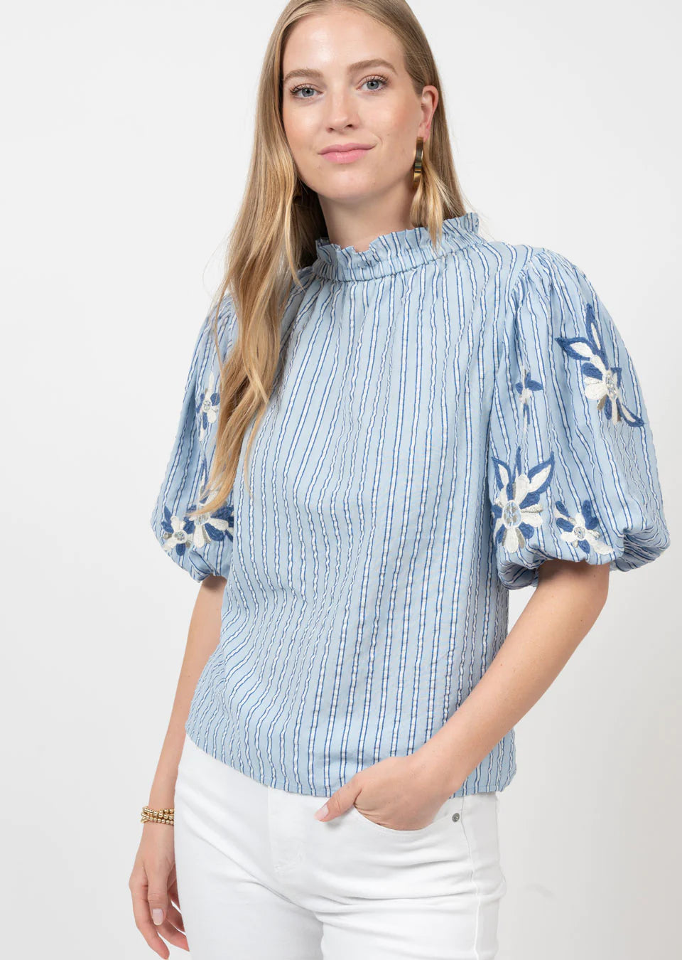 Seersucker Floral Top - Blue