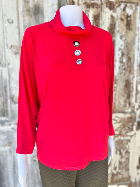 Silky Knit Boxy Top With Eyelets - Lipstick Red