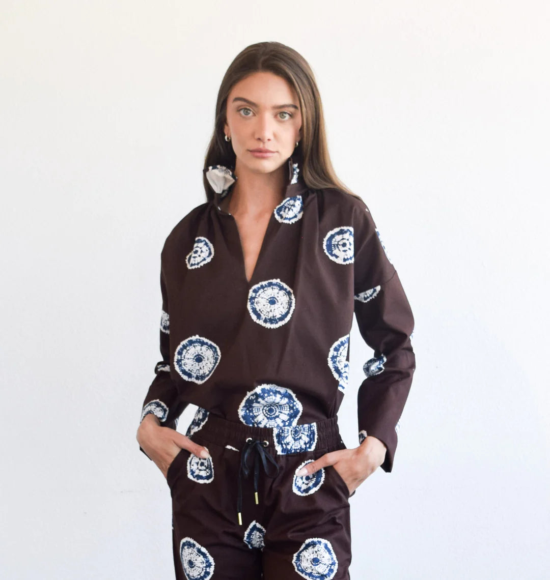 Vicki Long Sleeve Top - Brown and Blue Tie Dye