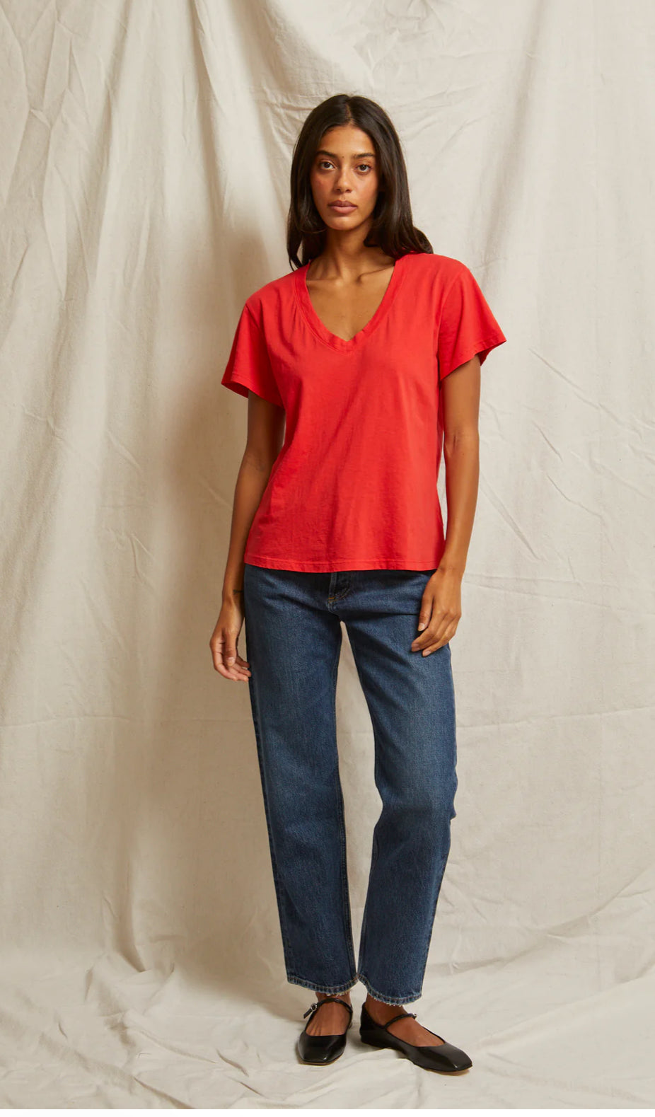 Hendrix Boxy V Neck Tee-Poppy Red