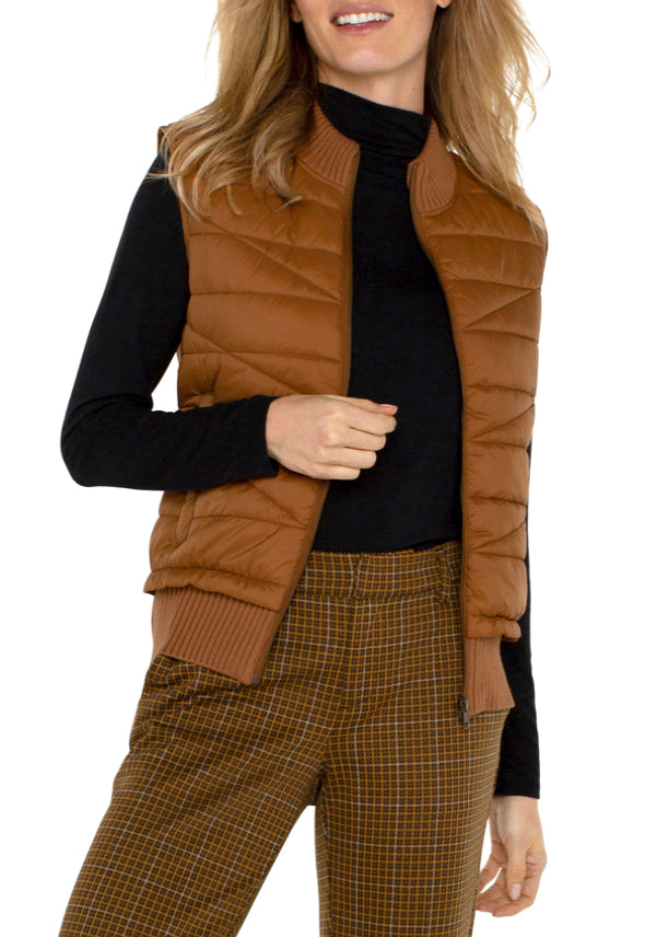 Sleeveless Quilted Full Zip Sweater Vest-Tumeric