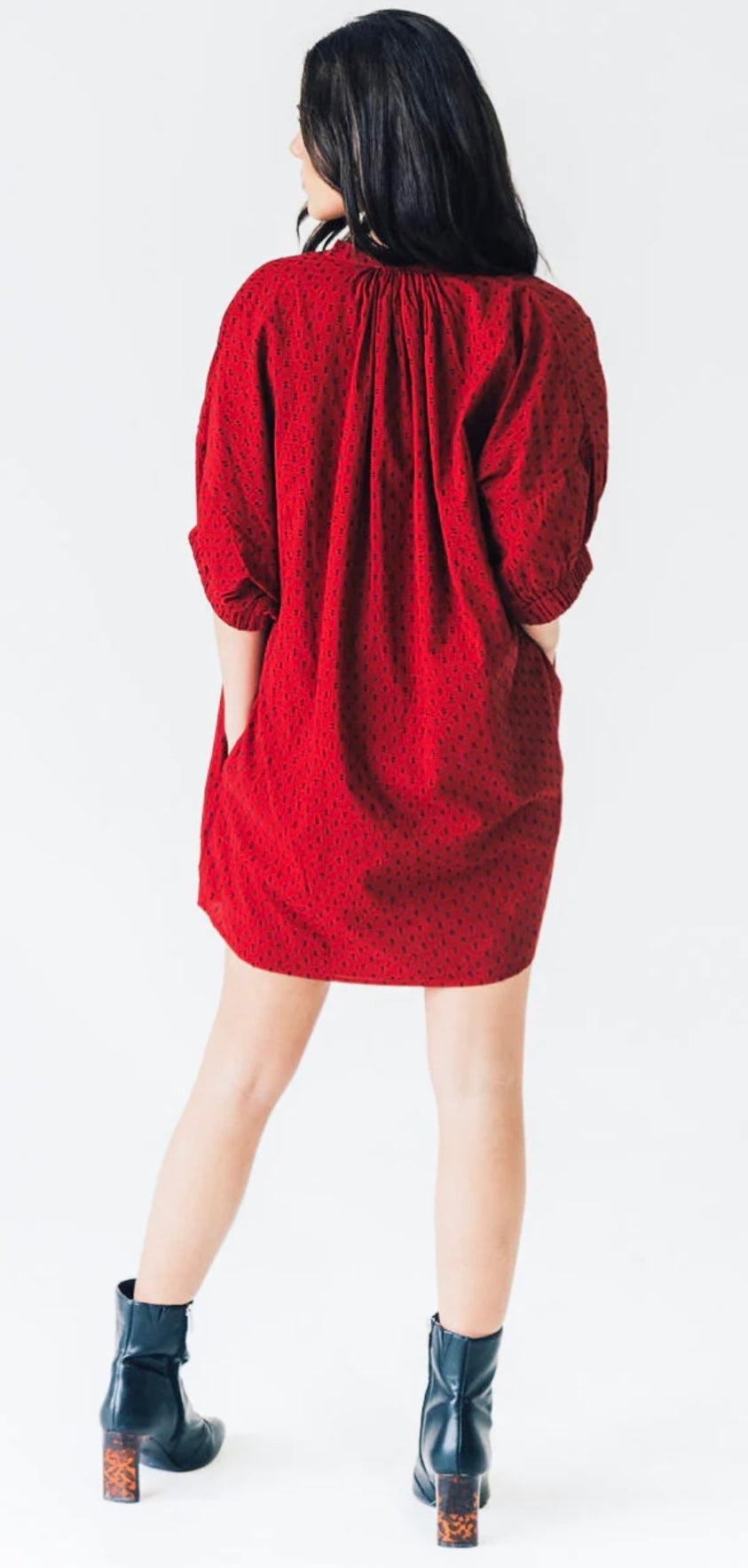 Elastic Sleeve Dress - Burgundy Swiss Dot