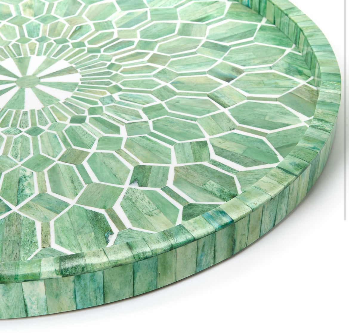 Emerald Cut Hand Inlaid Decorative Round Serving Tray - MDF/Bone/Resin