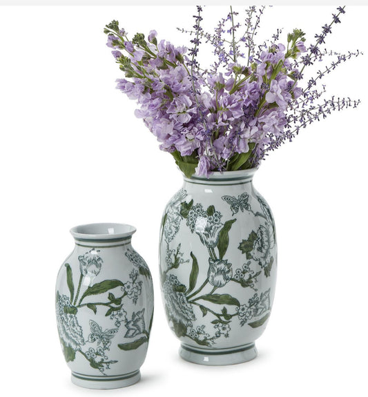Primrose and Lotus Hand-Painted Green and White Chinoiserie Vases (Large)