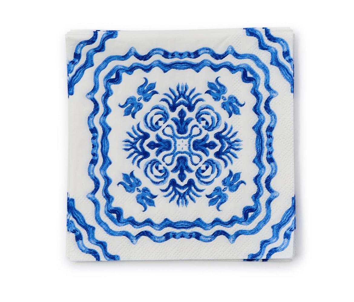 Blue Tile Block Print 3-ply Paper Cocktail Napkins