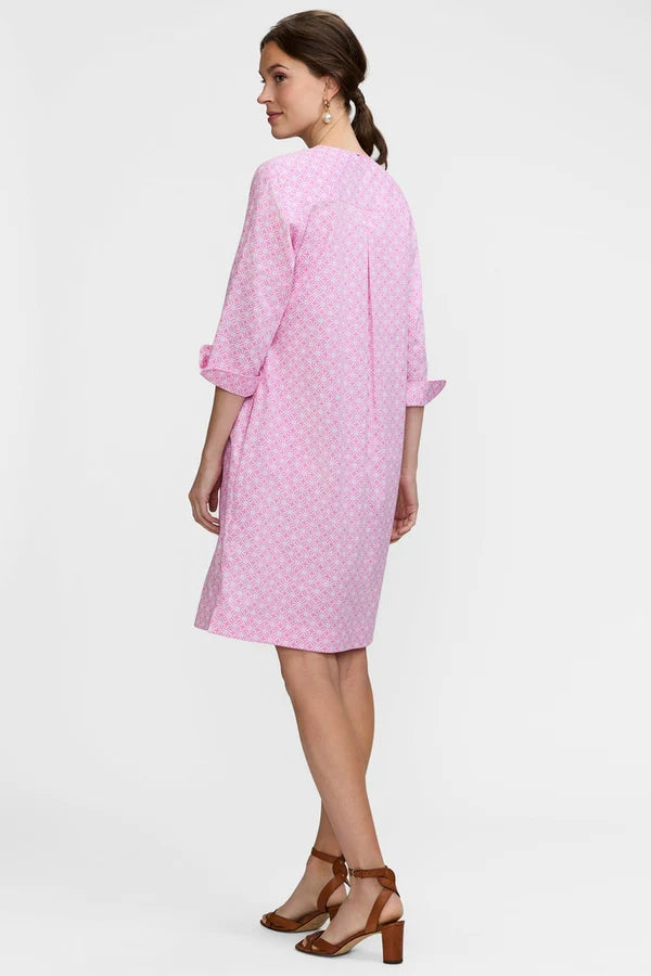 Vena Geo Lattice 3/4 Sleeve Dress-Pink/White