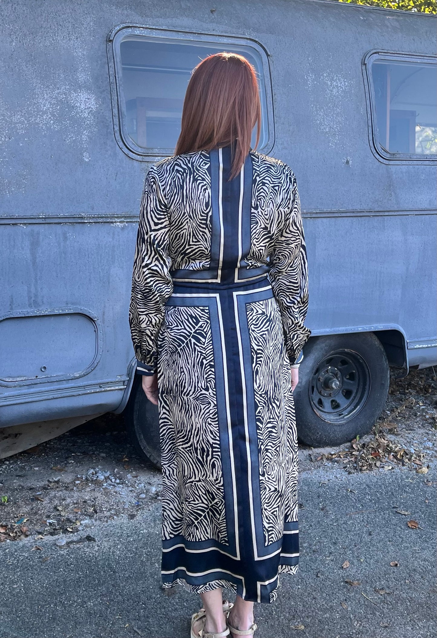 Drawstring Shirt Dress-Navy Multi