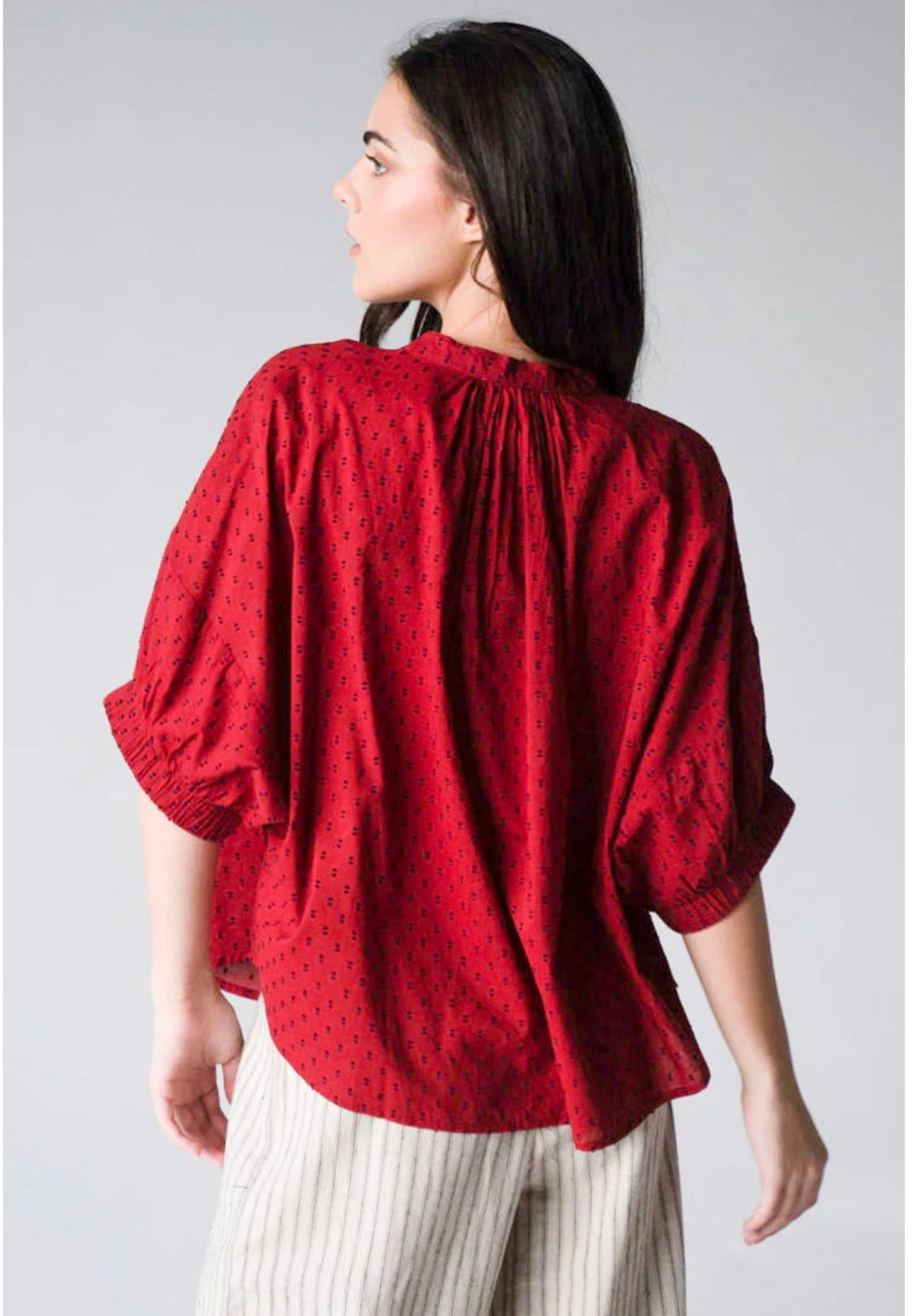 High Neck Top - Burgundy Swiss Dot