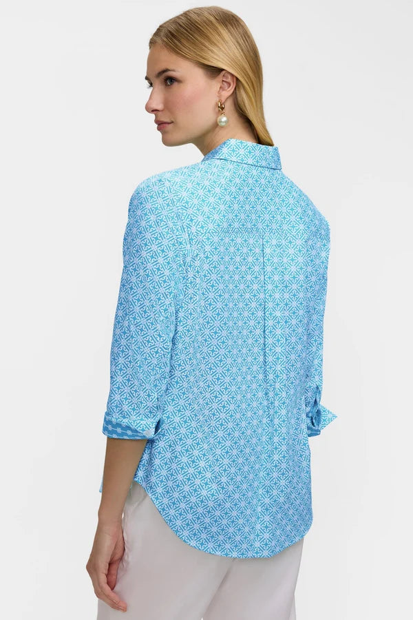 Margie 3/4 Sleeve Shirt-Aqua/White Geo Lattice