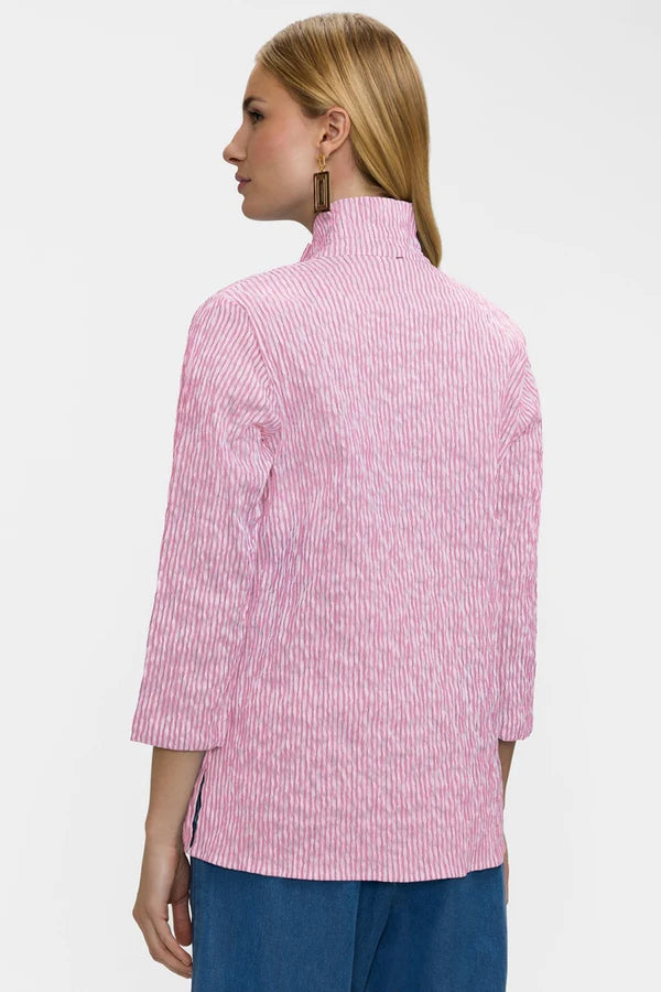 Carolina Crinkle Jacquard 3/4 Sleeve Shirt Jacket-Pink/White