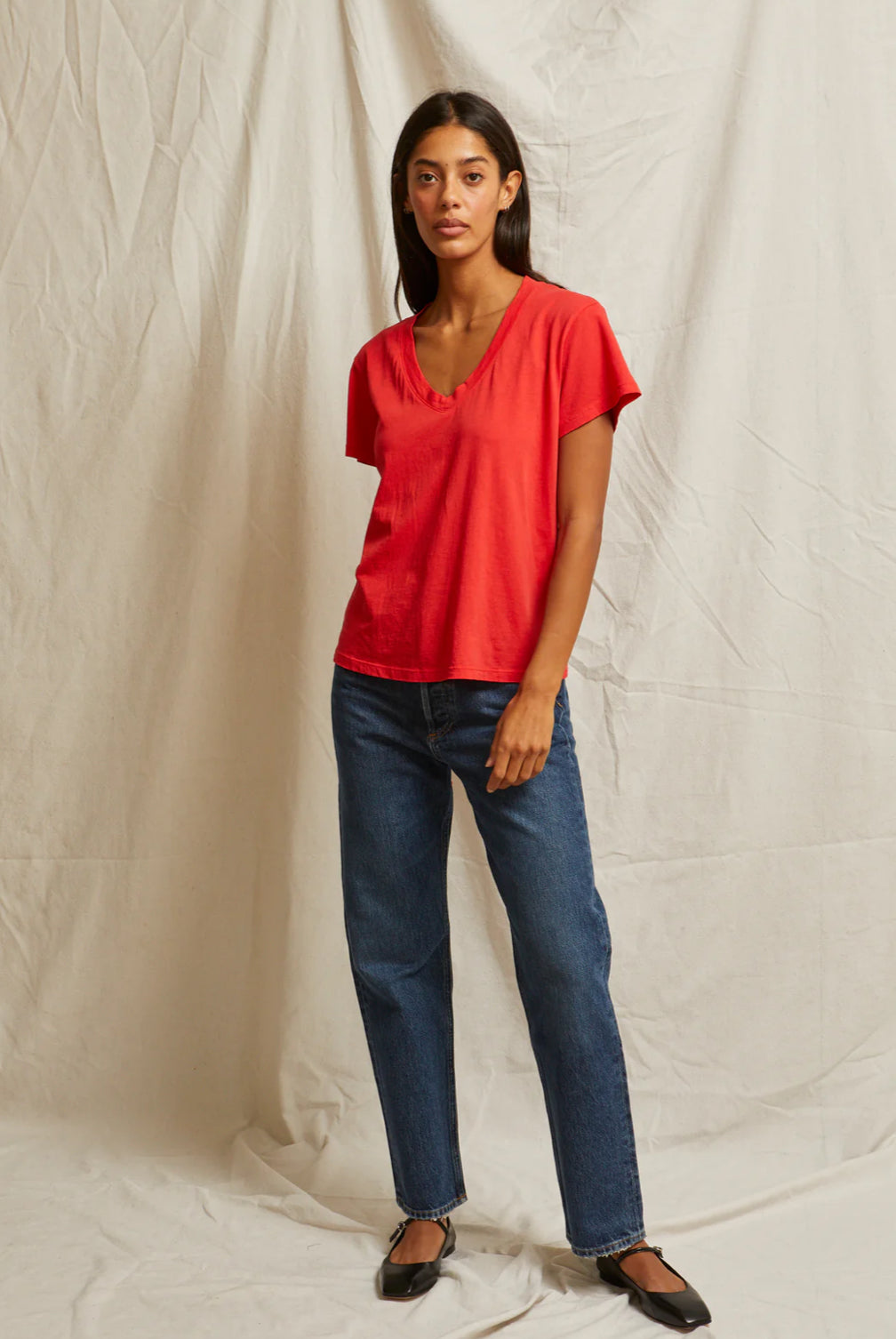 Hendrix Boxy V Neck Tee-Poppy Red