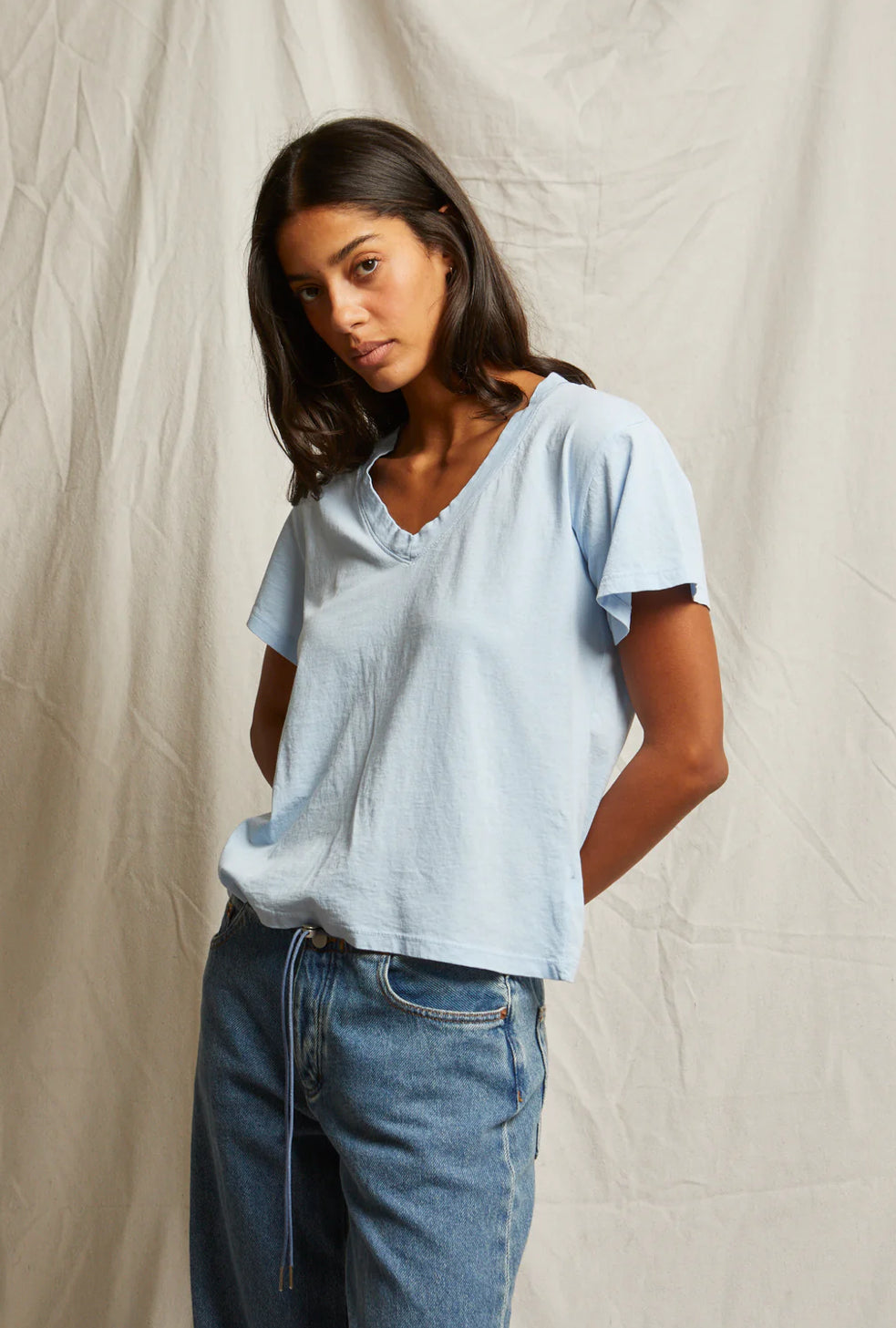 Hendrix Boxy V Neck Tee/Sky Blue
