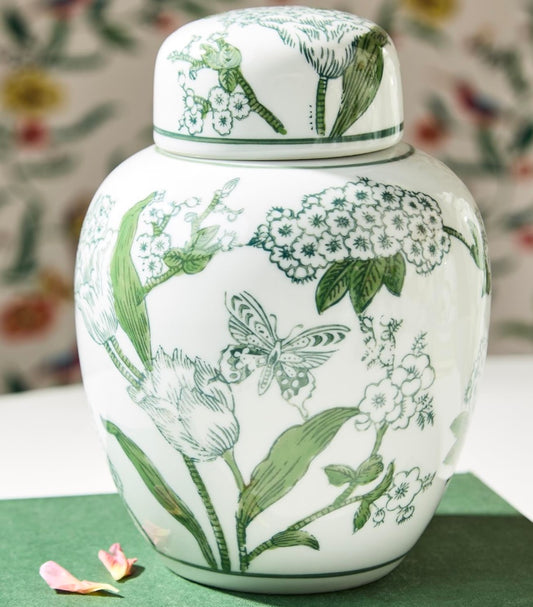 7 1/2" PRIMROSE AND LOTUS GREEN AND WHITE CHINOISERIE GINGER JAR WITH LID