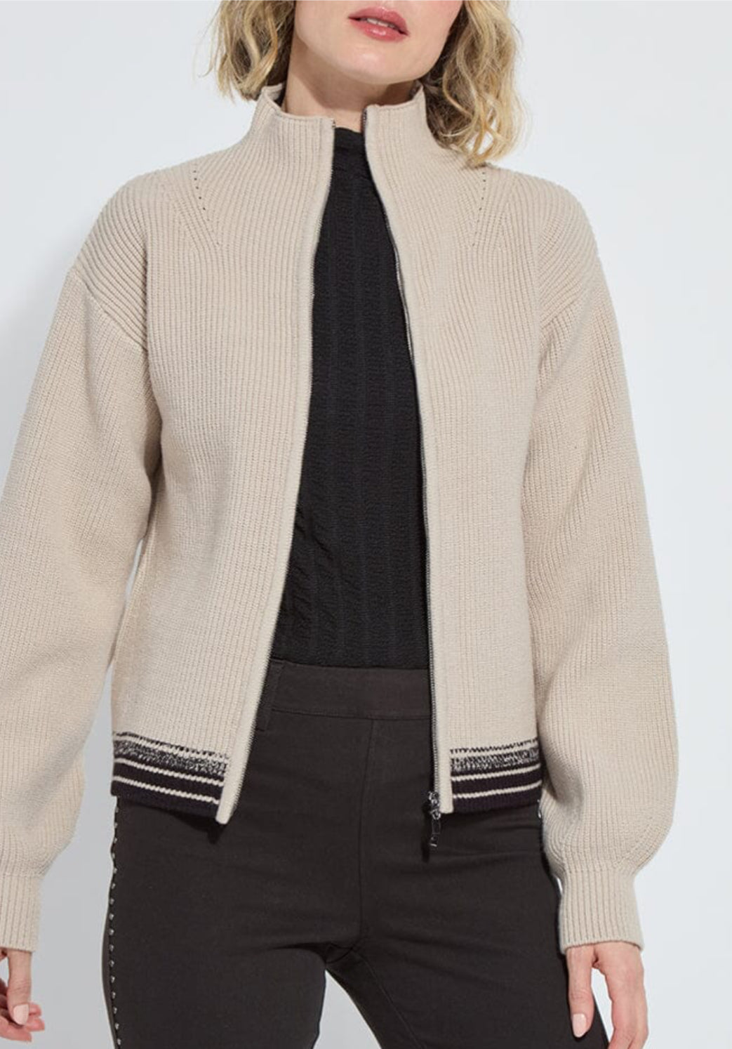 Blythe Zip Up Cozy Rib Sweater-Beige
