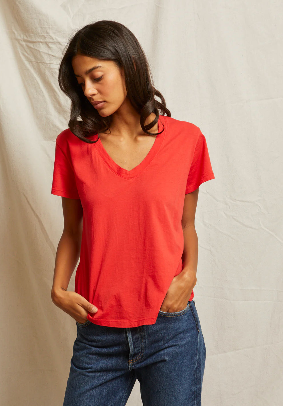 Hendrix Boxy V Neck Tee-Poppy Red