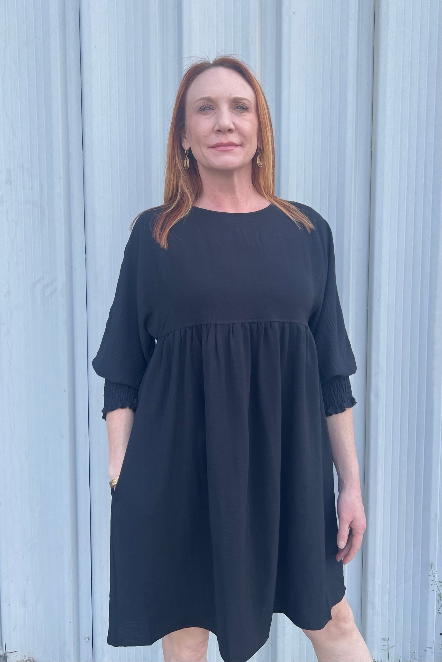Shirred Sleeve Dress-Black