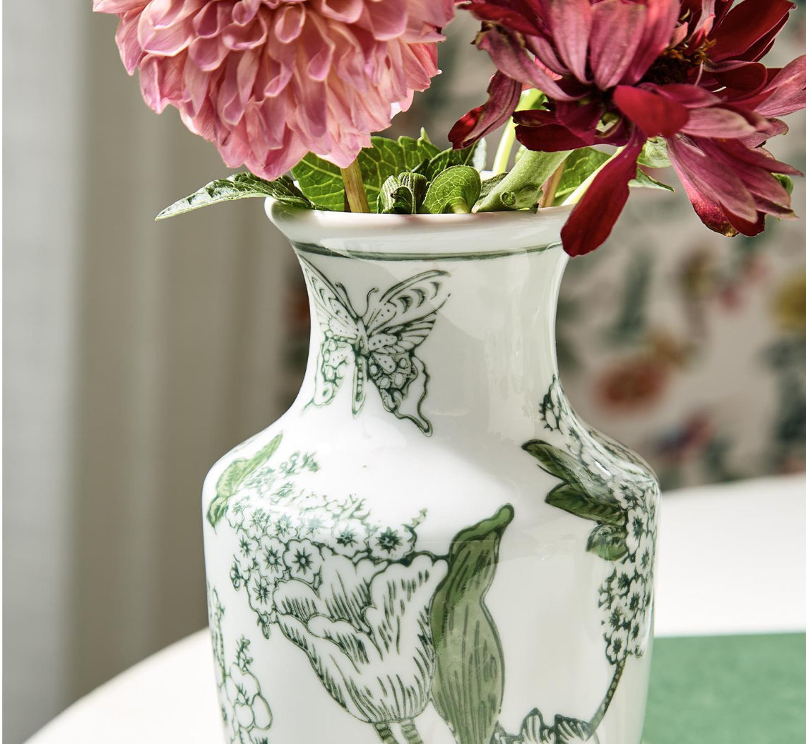 PRIMROSE AND LOTUS HAND-PAINTED GREEN AND WHITE CHINOISERIE VASES-Set of three