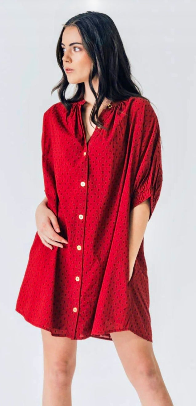 Elastic Sleeve Dress - Burgundy Swiss Dot