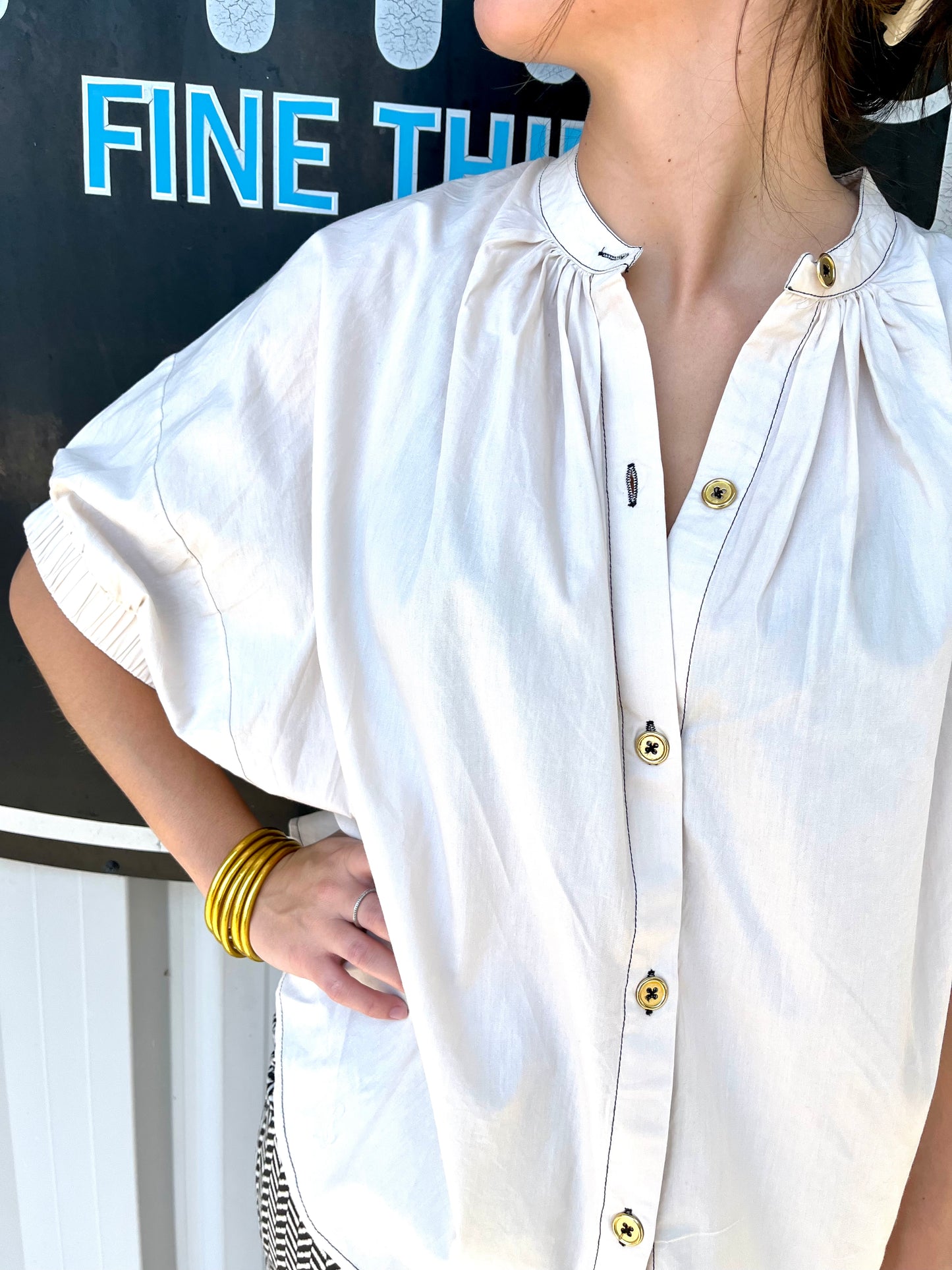 Elastic Sleeve Top - Cream W/ Black Thread