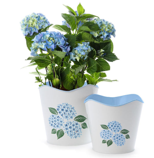 Hydrangea Blue Flower Metal Cachepots-Set of 2