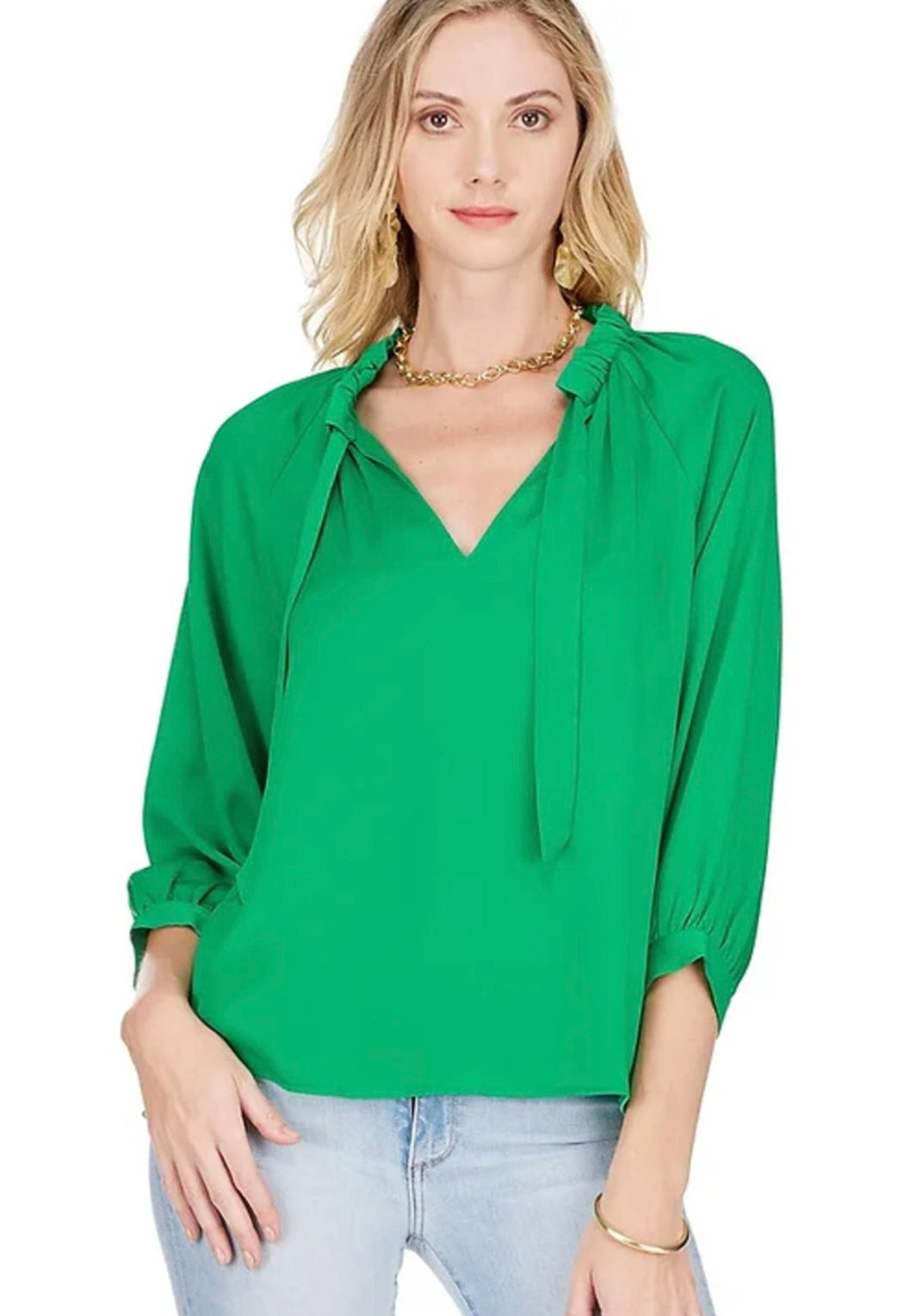 Runch Neck Peasant Top - Green