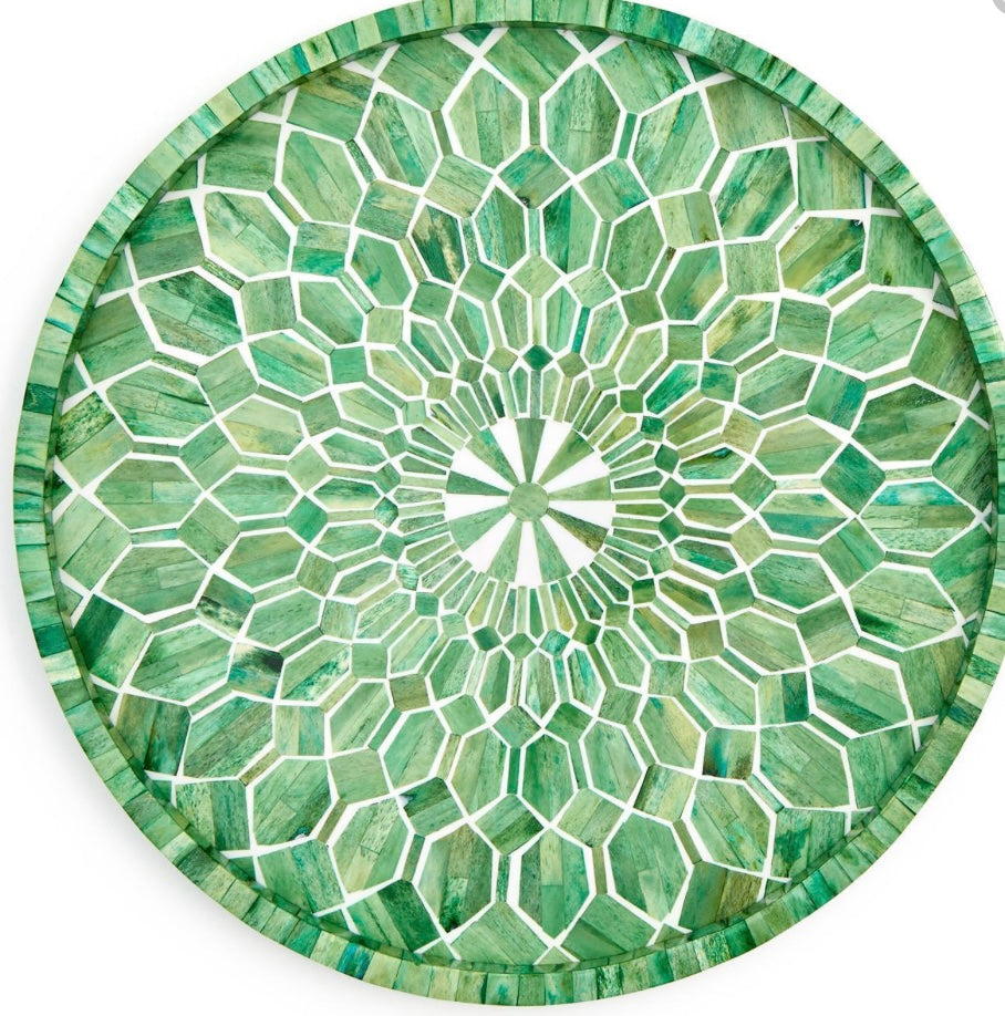 Emerald Cut Hand Inlaid Decorative Round Serving Tray - MDF/Bone/Resin
