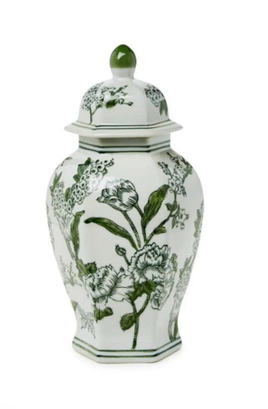 Two's Company 14" Green and White Primrose and Lotus Chinoiseire Hexogonal Jar